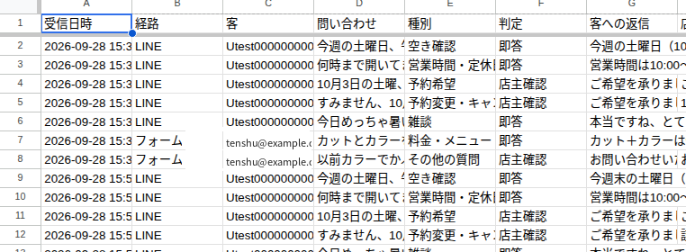 「記録」シートの実物（受信日時・経路・問い合わせ・判定・客への返信などの列）